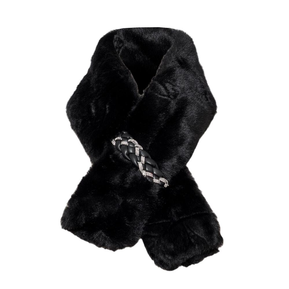 Women's Black Faux Fur Pull Through Neck Warmer Scarf One Size NWT